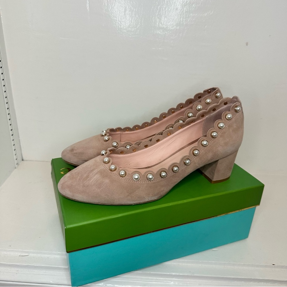 kate spade Blush Pink Nude Pearl-Trim Suede Pumps - Picture 4 of 7